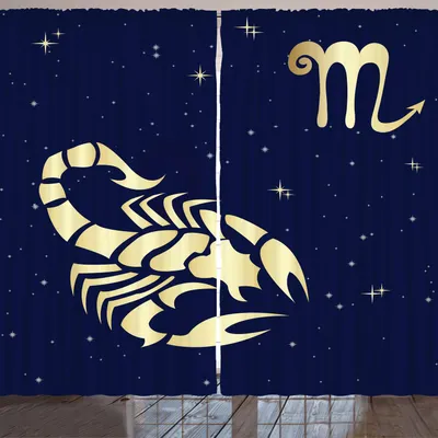 Produktbild von ARANDE Sternzeichen Skorpion Gardine, Esoterischer Zukunftsvorhersage-Thema-nächtlicher Himmel mit Sternen und Symbol, 280 x 245 cm, Indigo und Blassgelb