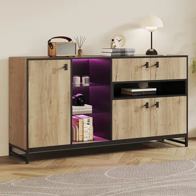 Produktbild von Moderner minimalistischer Aufbewahrungsschrank mit Doppeltüren, offenem Regal, Glasböden und verstellbaren Innentrennwänden – vielseitige Aufbewahrungslösung für Wohnzimmer, Esszimmer und Büro
