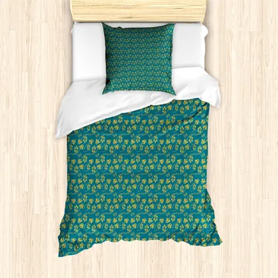 Produktbild von ABAKUHAUS Blumen Bettbezug Set für Einzelbetten, Oriental Tulpe-Blumen-Damast, Milbensicher Allergiker geeignet mit Kissenbezug, 135 cm x 200 cm - 80 x 80 cm, Petrol Blue Earth Gelb