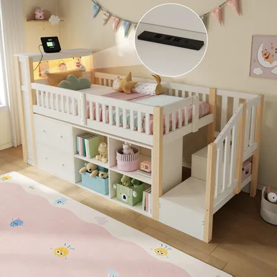 Immagine prodotto di Letto a castello Merax, 90x200 cm, con cassetti, contenitori, armadietto a scala, illuminazione LED, porta USB, letto per bambini, letto a castello, colore naturale e bianco