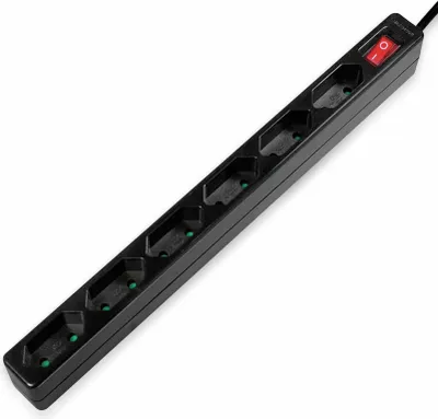 A black power strip with six outlets and a red on/off switch is shown against a white background.