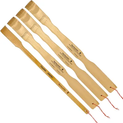 Productafbeelding van 3-delige traditionele bamboe rugschrapers, 17 inch, plus een kleine, draagbare rugschraper als extraatje voor verlichting bij jeuk. Sterk en stevig, in totaal 4 stuks