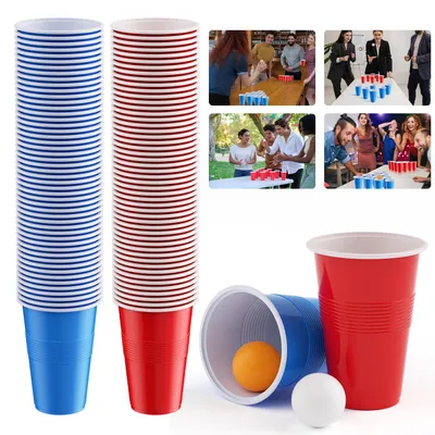Produktbild von Eikuavons Beer Pong Partyspiel Set mit 100 Bechern und 10 Bällen, rot-blaue Becher 500 ml, Geschicklichkeitsspiel für Gartenparty, Studentenparty & Feiern