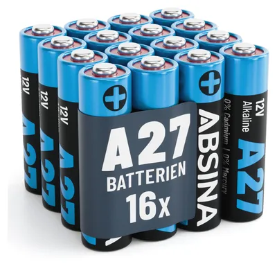 Produktbild von ABSINA 16x 27A 12V Batterie für Garagentoröffner und vieles mehr - Batterie 27A 12V Alkaline mini auslaufsicher, lange Haltbarkeit