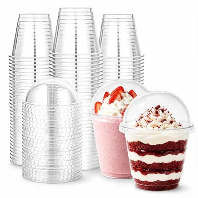 Image de Lot de 50 verres à dessert en plastique réutilisables avec couvercles