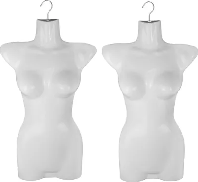 Produktbild von 2er Set Torso Weiblich - 70 cm Damentorso aus Kunststoff - Oberkörper Halbplastik in Farbe weiß - Mannequin Büste - Halbplastischer Damenbody - Puppe Figur - Schaufensterpuppe mit Haken