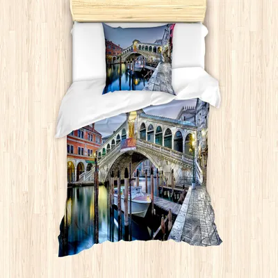 Produktbild von ABAKUHAUS Venedig Bettbezug Set, Morgen-Twilight Grand Canal Rialto-Brücken-Wasser-Reflexion szenisches städtisches, 135 x 200 cm + 80 x 80 cm, Grau Blau Zimt