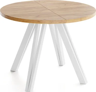 Produktbild von Runder Esstisch Ausziehbar 100–140 cm mit Weißen Holzbeinen aus Buchenholz – Moderner Ausziehtisch für Esszimmer, Küche und Wohnzimmer – Tisch für 4–8 Personen – Eiche Braun