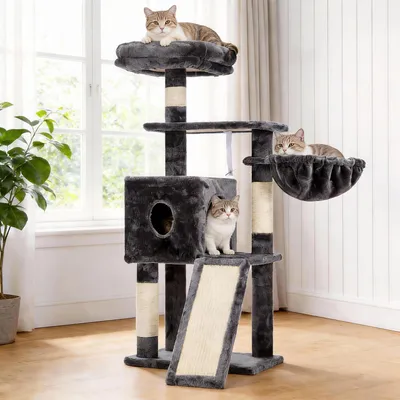 Obrázok produktu pre Škrabadlo 108 cm, dymovo sivá, škrabacie stĺpiky, košík, kočičí otvor, hračka, pre mačky