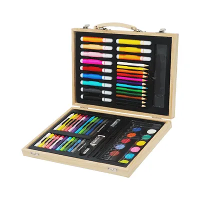 Produktbild von 67-teilig Kinder Malset mit Doppel-Holzbox, Buntstifte, Wachsmalstifte, Ölkreiden & Wasserfarben, Kreatives Zeichen- & Malkoffer-Geschenk