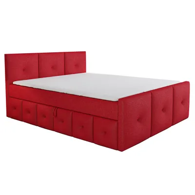 Produktbild von Boxspringbett BOE 180x200 mit Bettkasten, Topper und gepolstertem Kopfteil. Farbe: Rot