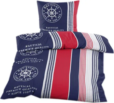 A nautical-themed bedding set, including a pillowcase and duvet cover, displayed on a white background.