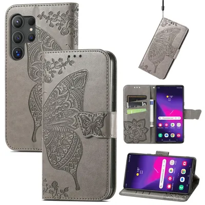 Image de Étui portefeuille en similicuir pour Samsung Galaxy S25 Ultra 5G, motif papillon, gris