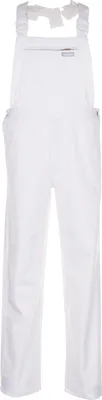 A white pair of men's overalls is shown against a white background.