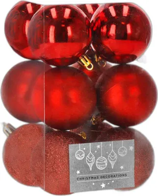 A package of red Christmas ornaments.