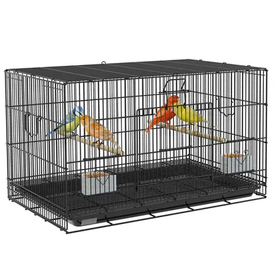 Produktbild von PawHut Vogelkäfig 77 x 46 x 45 cm, Metall-Vogelkäfig mit abnehmbarem Tablett, 2 Sitzstangen, 2 Futterstellen für Kanariensittiche, Schwarz