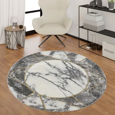 Immagine prodotto di Tappeto soggiorno a pelo corto con bordo in marmo Design geometrico Grigio oro Dimensioni 160 cm rotondo