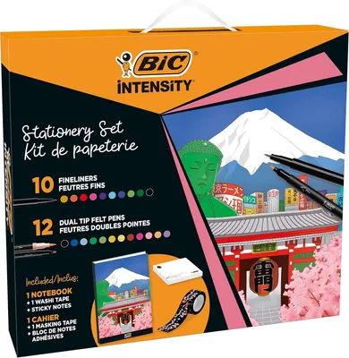 Productafbeelding van BIC Intensity Japan Briefpapier kit met fineliners - Set van 25 - Dual-Tip vilt pennen - Washi Tape - Sticky Notes