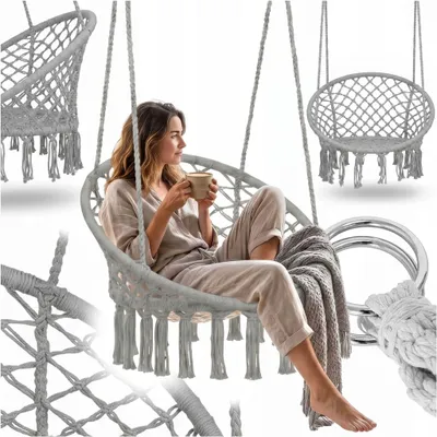 Produktbild von Hängesessel Schaukel „Storchennest“ im Boho-Stil, geflochten, für Garten und Haus, grau