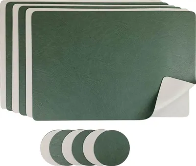 Produktbild von Platzset 6er Set Kunstleder abwaschbar, Wendbares Tischset 45x30cm, Platzdeckchen Modern inkl. Glasuntersetzer (Grün/Grau)