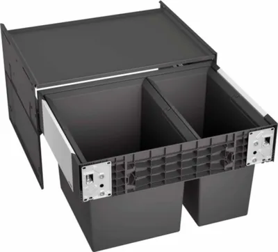 A pull-out waste bin system with two compartments, shown from a slightly elevated diagonal angle.