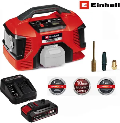 A collage of product images and marketing badges for an Einhell battery-powered compressor.