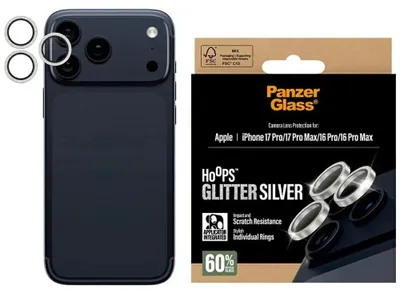 Immagine prodotto di Vetro temperato per iPhone 17 Pro Max / 17 Pro / 16 Pro Max / 16 Pro, PanzerGlass Hoops Glitter Silver Camera Lens Protector, Trasparente e Argento
