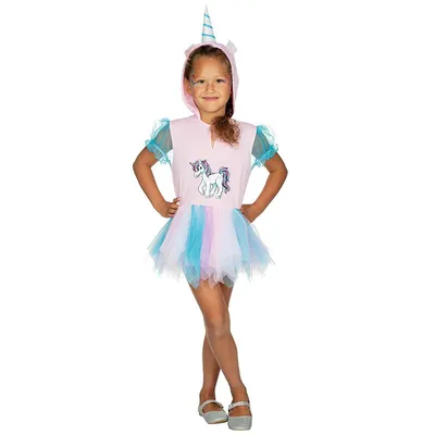 Produktbild von Kinder Einhorn Kostüm (Kleid mit Kapuze & Horn) Größe: 116 (4-5 Jahre)