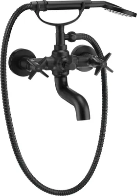 A black wall-mounted bathtub faucet with a handheld showerhead.