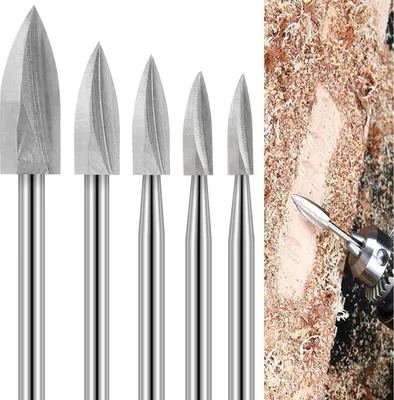 Image de Outils de sculpture sur bois 5 pièces HSS Outils de gravure Bois Fraises Set pour outils rotatifs Accessoires avec tige de 3mm pour sculpter le bois Perçage DIY artisanat