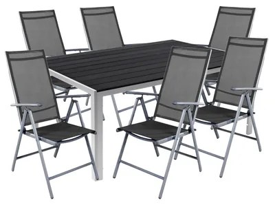 Produktbild von 7 teilige Gartengarnitur Alu Anthrazit Non-Wood 150x90cm + 6 Hochlehner mit Textilen