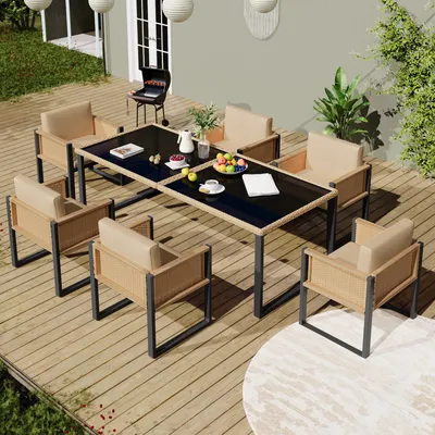 Produktbild von STILVORA Polyrattan-Gartenmöbel mit gehärteter Glasplatte für 6 Personen, Garten-Essgruppe mit Sesseln und 9 cm Sitzkissen, Esstisch- und Stuhlset mit abnehmbaren waschbaren Stoffbezügen und verstellbaren Füßen, Polyrattan + Schwarz