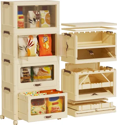 A stack of beige storage drawers and compartments, some open, filled with various packaged goods like snacks and food items. Another set of disassembled storage units is shown to the right.