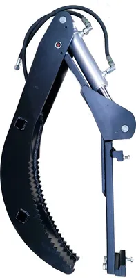 A black hydraulic grapple attachment for a machine, shown against a white background.