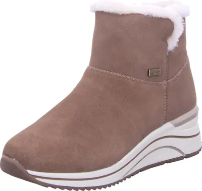 A single beige boot with white fur trim and a white and grey sole is shown against a white background.