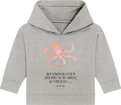 Produktbild von Mr. & Mrs. Panda Organic Baby Hoodie Tintenfisch 12. - 18. Monat - Heather Grey - Geschenk, Meer, Meerestier, Kapuzensweatshirt, Wasser, Kapuzenshirt, Ozean, Krake