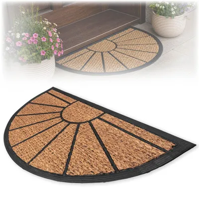 Zdjęcie produktu dla KADAX Mata kokosowa 45 x 75 cm, półokrągła mata kokosowo-gumowa, antypoślizgowa mata wejściowa do użytku na zewnątrz, mata zatrzymująca brud z gumowym spodem (wzór w paski)