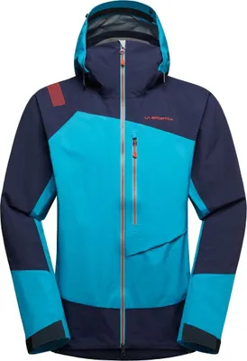 Hardshelljacke "Alpine Guide GTX Jkt M" von La Sportiva in Blau und Dunkelblau mit Kapuze und Reißverschluss.