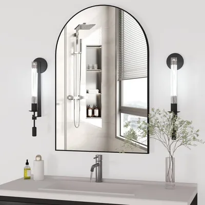 Image de Miroir mural incurvé, dimensions 60 x 90 cm, cadre en métal noir, idéal pour un salon