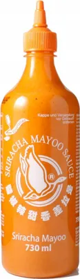 A bottle of Sriracha Mayoo sauce against a white background.