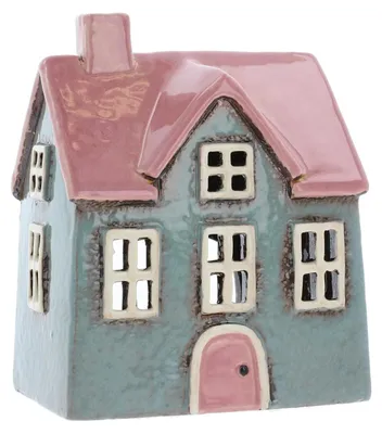 Teelichthalter aus Keramik, Dorf-Design, Grau/Rosa, 18x13x10 cm