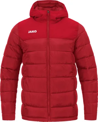 A studio shot of a red puffer jacket.