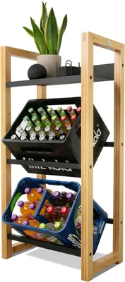 Produktbild von Getränkekistenregal aus Bambus inkl. Edelstahlablage 3 Kisten I 56x32x112 cm I Massives Getränkeregal Metallstreben I Farbe: Schwarz I Kistenregal Weinregal für Keller