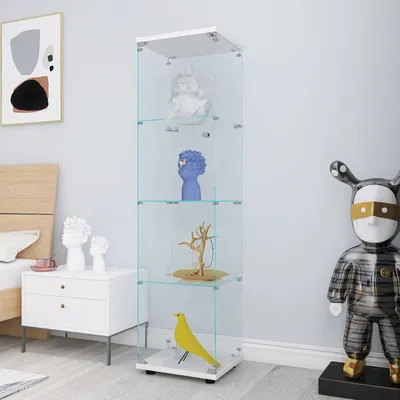 A bedroom scene with a nightstand, bed, and a glass display cabinet filled with decorative items.