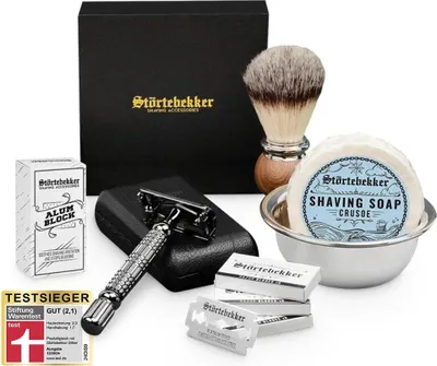 Produktbild von Rasierset - Rasierhobel 'Hamburg' Schwarz – Lederetui Schwarz - Crusoe