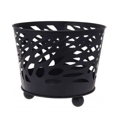 A black metal basket with a decorative cut-out pattern and three small ball feet, isolated on a white background.