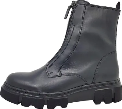 A black leather boot with a zipper closure and a thick sole, shown from the side against a white background.