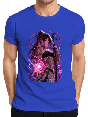 Produktbild von Anime Mädchen Katana Pinke Magie Tattoo Drache Japan Y2K Otaku Herren T-Shirt, Blau, M