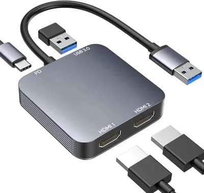Produktbild von USB 3.0 auf Dual HDMI Adapter mit USB 3.0 Port, HDMI auf USB Audio Video Grafikkonverter für Laptop, Desktop-Monitor, TV, kompatibel mit Mac OS, Windows