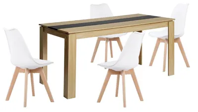 Obrázek produktu pro Jídelní set Essgruppe: jídelní stůl s 4 židlemi, obdélníkový, dubový Imitace s černými prvky, rozměry stolu 160 cm, 4 bílé židle